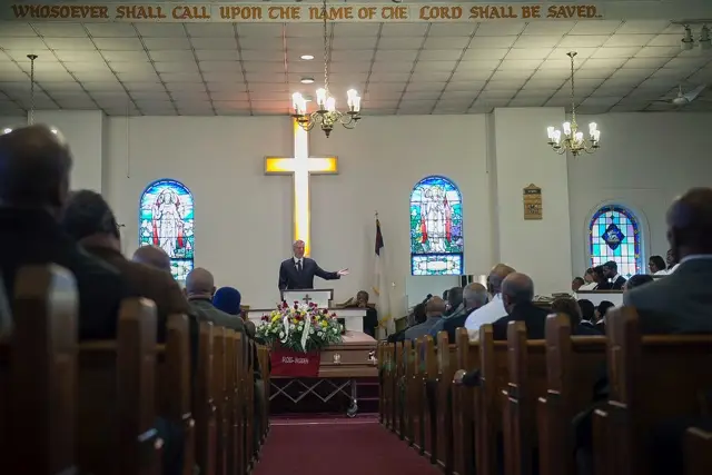 Mayor de Blasio at Timothy Caughman's funeral on April 1, 2017